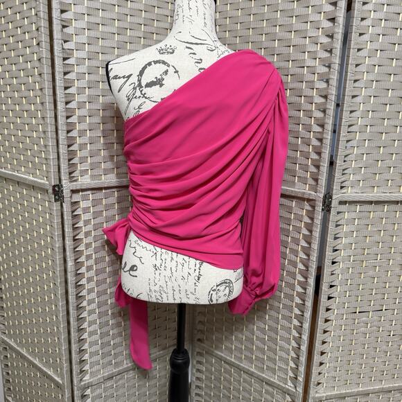 Amanda Uprichard BEXLEY One Shoulder Blouse Size L Lacquer Pink Long Sleeve Tie - Picture 3 of 11